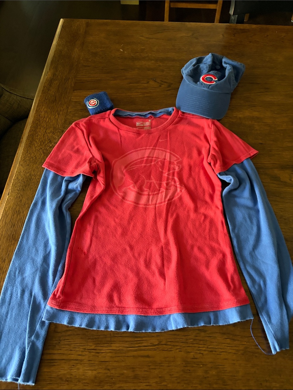 Nike Red and Blue Long Sleeve Layered Tee - Chicago Cubs Logo w/hat & wristband